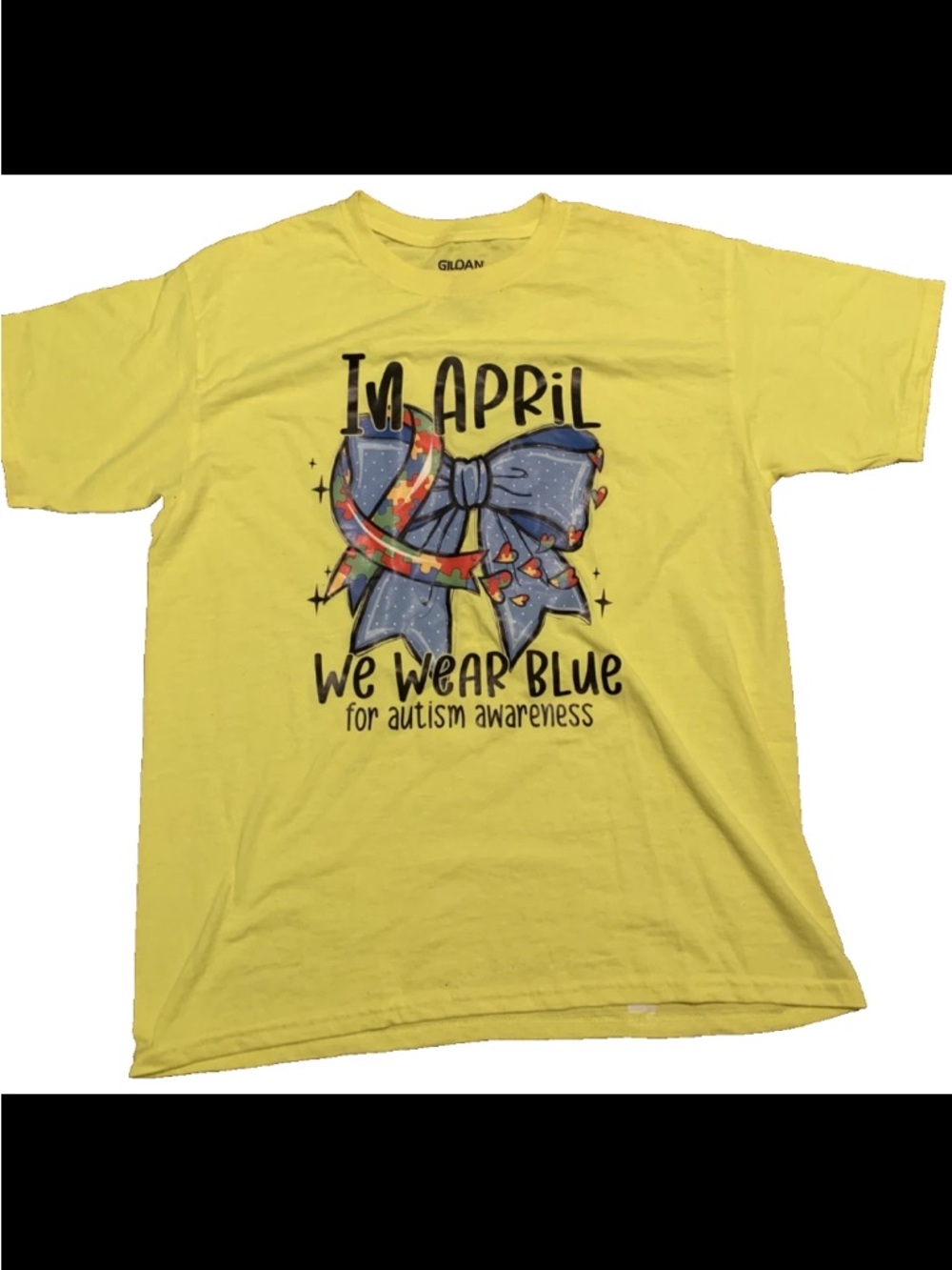 April Autism Awareness "In April we wear Blue" Yellow T-shirt size Youth XL EUC